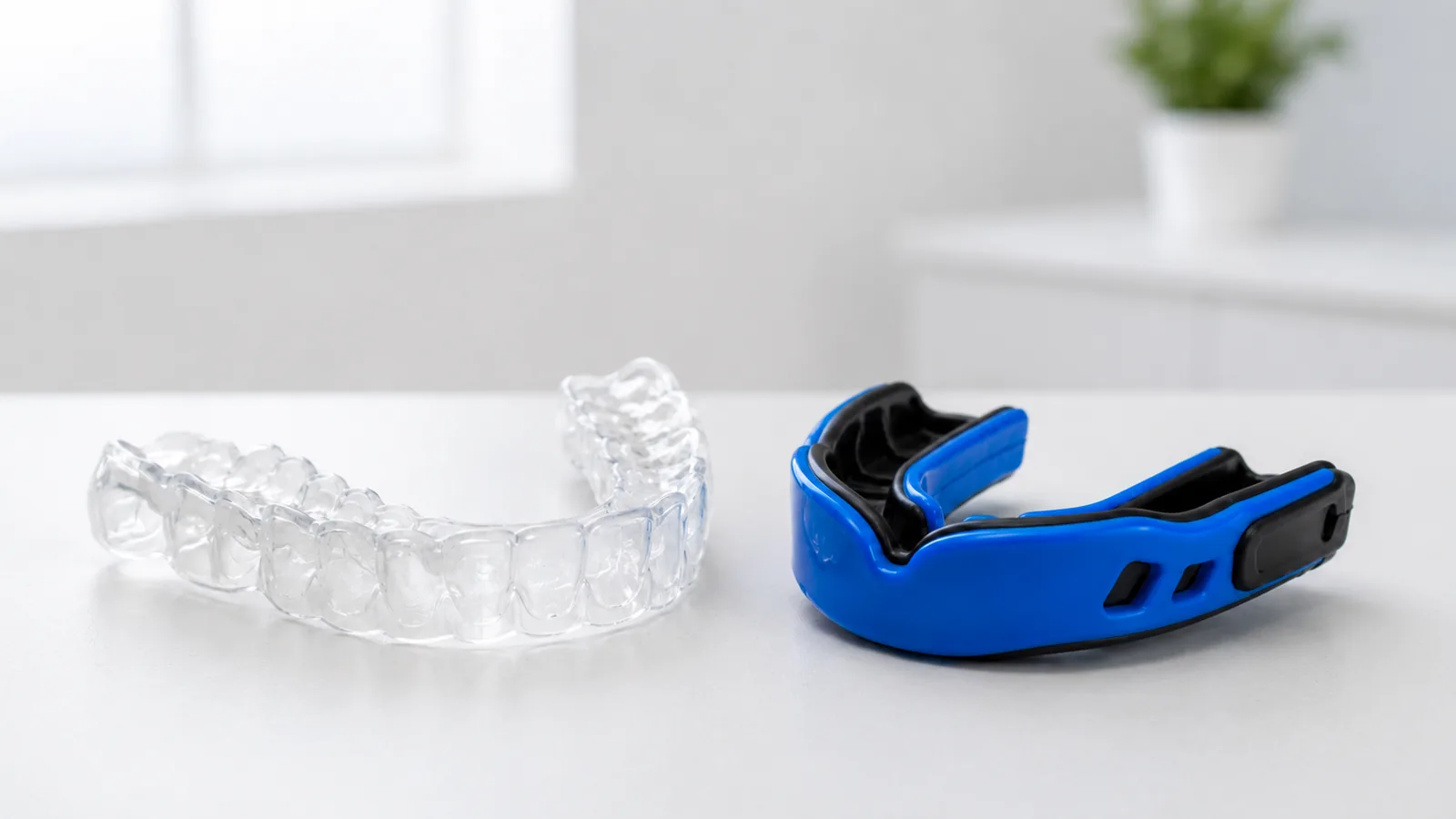 Clear night guard beside a blue sports mouthguard