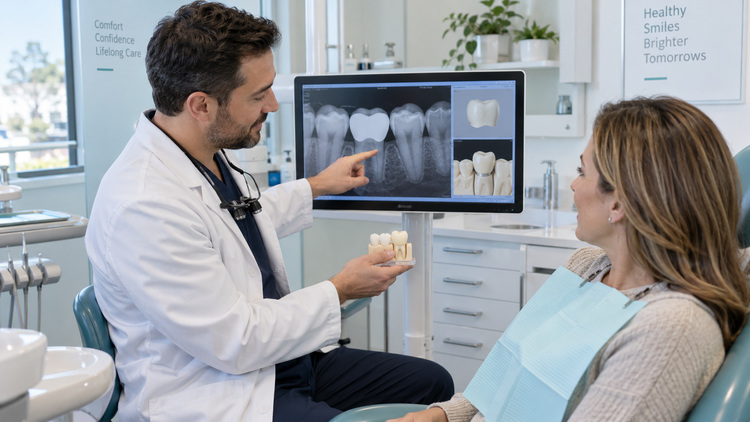 Dentist reviewing a dental crown treatment plan and X-ray with a patient.