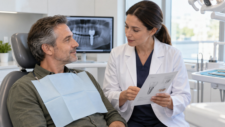 Dentist reviewing dental implant aftercare instructions with a patient.