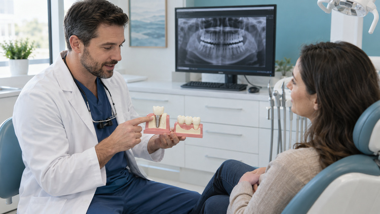 Dentist comparing a dental implant and dental bridge with a patient.