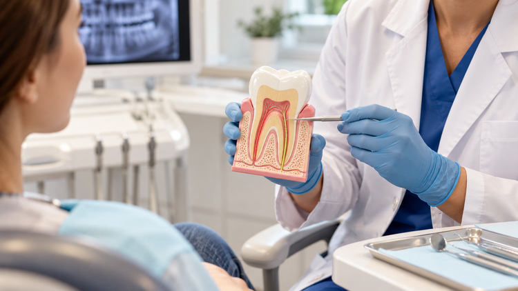 Dentist explaining root canal treatment and aftercare using a tooth model.