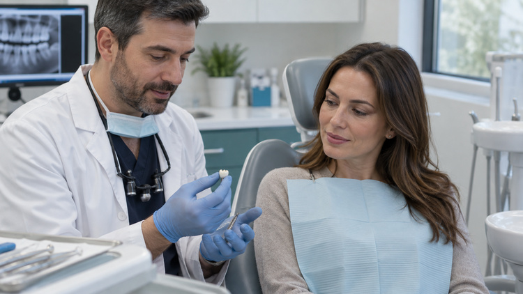Dentist examining a dental crown that has come off while speaking with a patient.