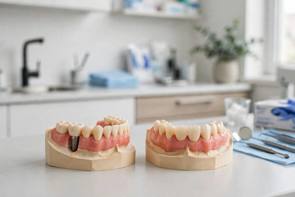 Dental implant vs bridge models side by side at Eagle Family Dentistry