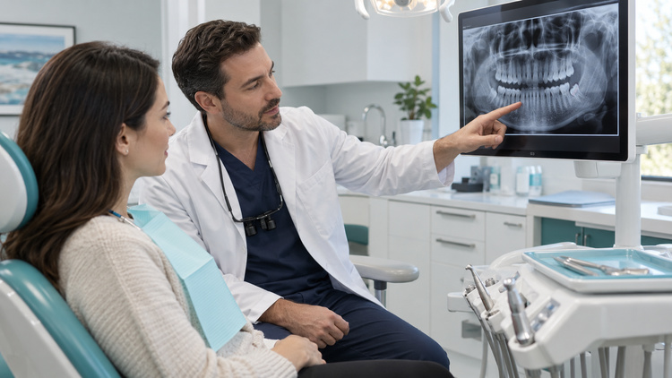 Dentist reviewing a tooth X-ray with a patient while discussing treatment options.