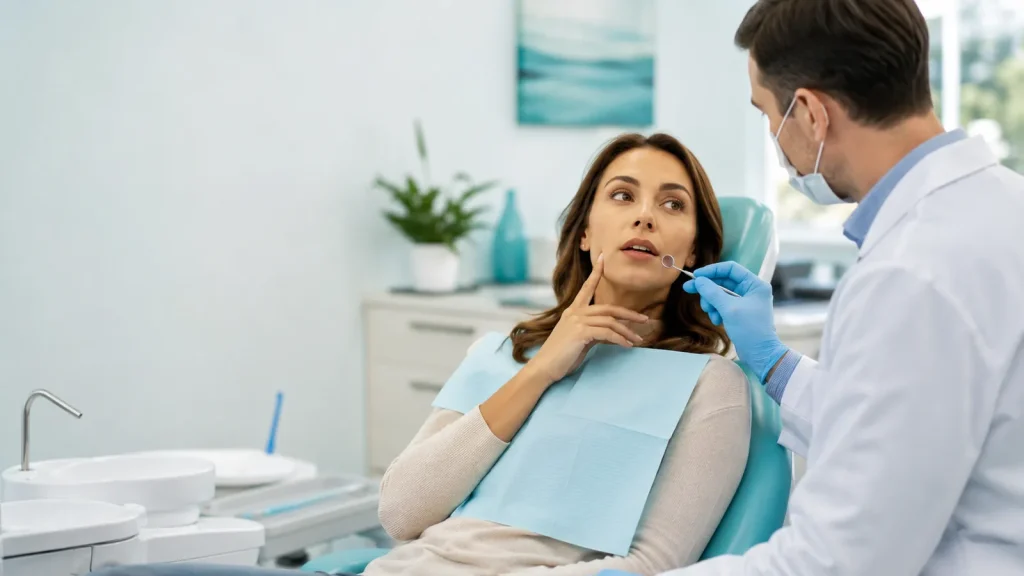 Patient discussing tooth pain during a large filling replacement assessment.