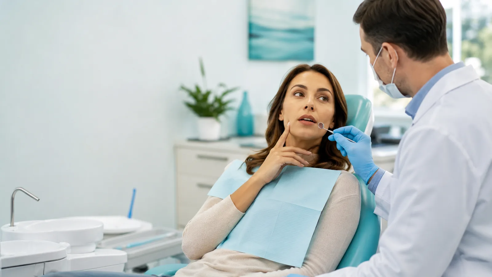 Patient discussing tooth pain during a large filling replacement assessment.