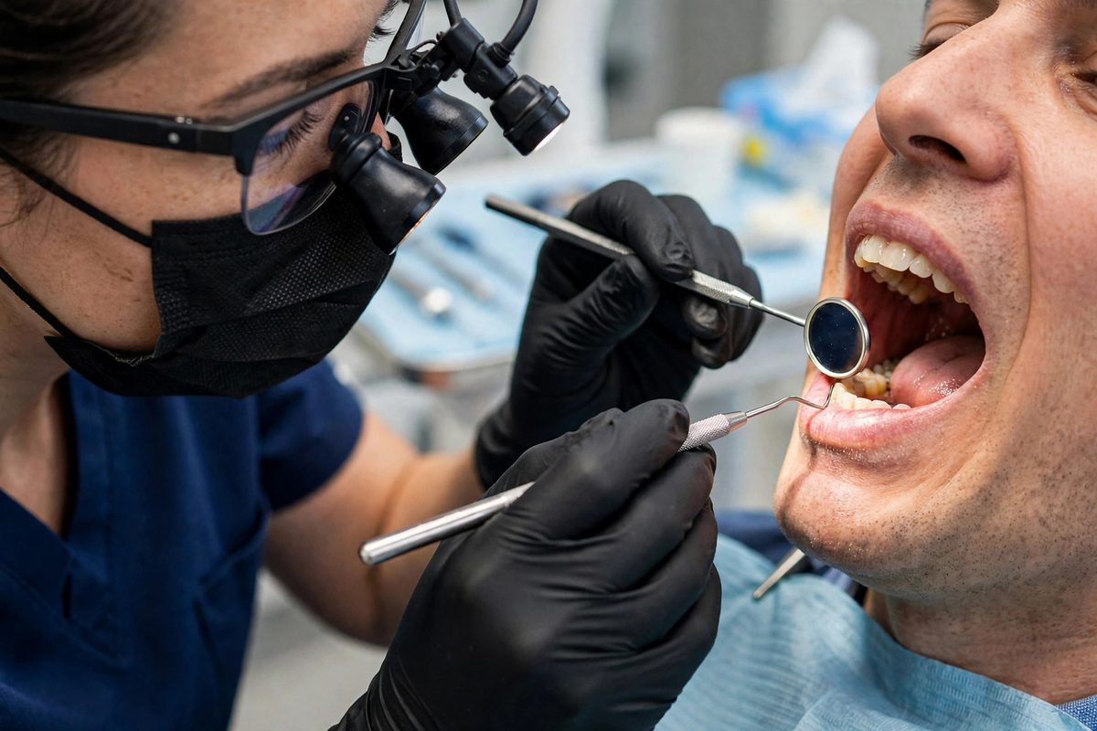 A dental hygienist checking gum health during a cleaning appointment, which helps set how often you should get your teeth cleaned