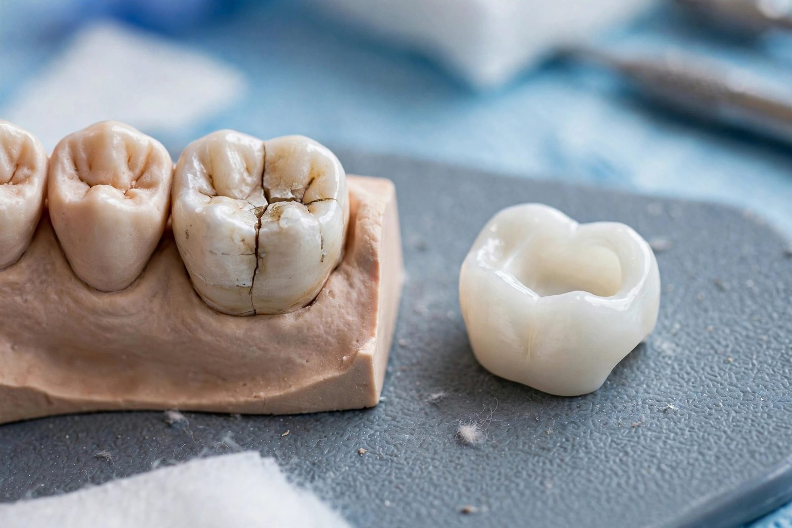 Close-up of a cracked tooth and the dental crown used to protect it