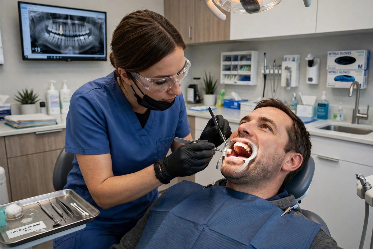 Dentist checking the fit of a crown placed to protect a cracked tooth