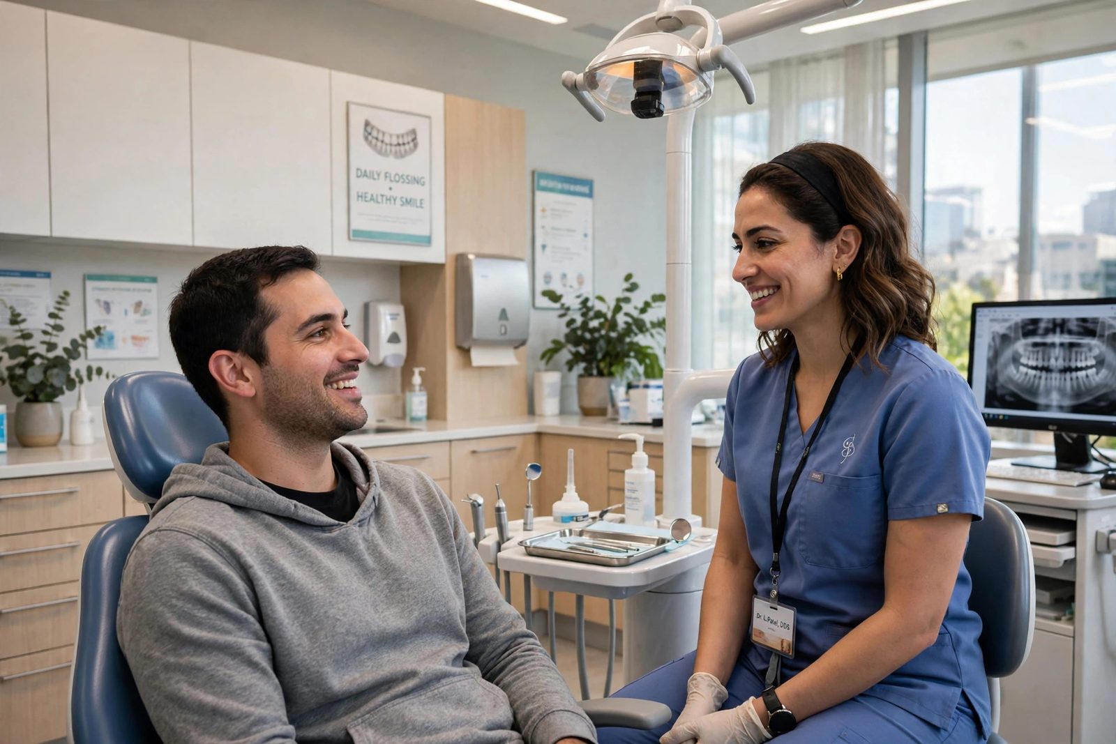 A relaxed patient talking with a gentle dentist in Newmarket during a dental visit