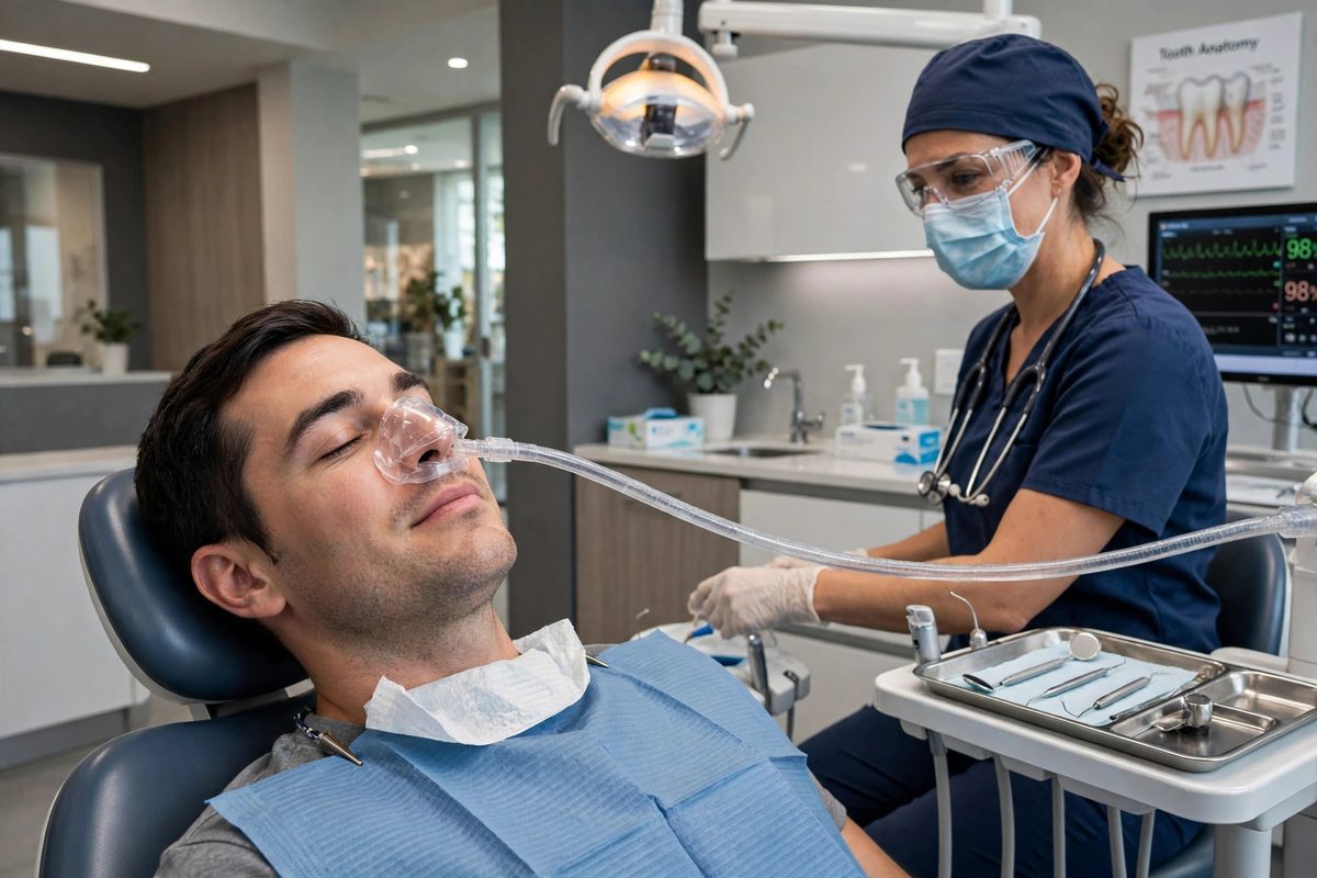 Patient breathing nitrous oxide through a small nose mask during dental treatment
