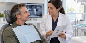 Dentist reviewing dental implant aftercare instructions with a patient.