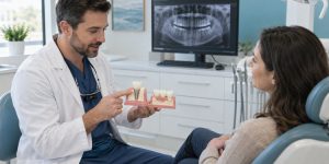 Dentist comparing a dental implant and dental bridge with a patient.