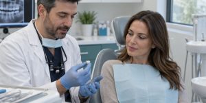 Dentist examining a dental crown that has come off while speaking with a patient.