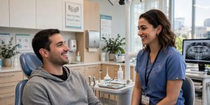 A relaxed patient talking with a gentle dentist in Newmarket during a dental visit