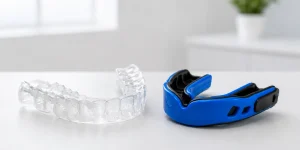 Clear night guard beside a blue sports mouthguard
