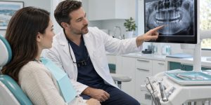 Dentist reviewing a tooth X-ray with a patient while discussing treatment options.